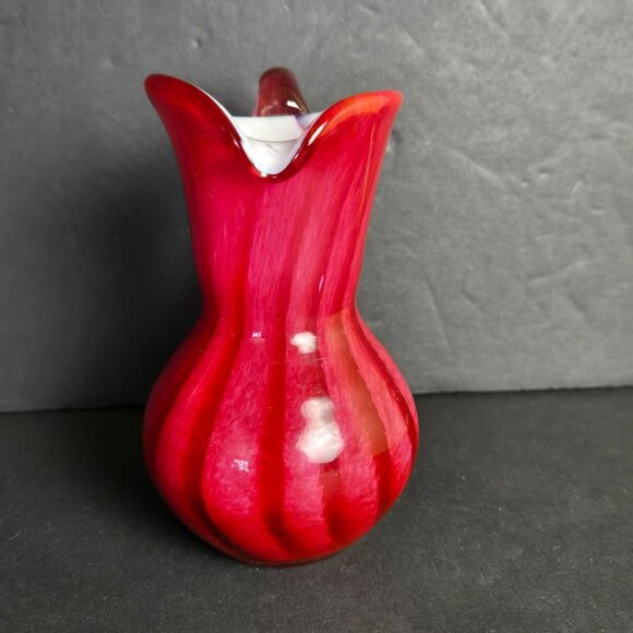 Handblown Glass Red Swirl Cruet Mini Pitcher Vase White Interior Clear Handle 4" - Picture 2 of 9